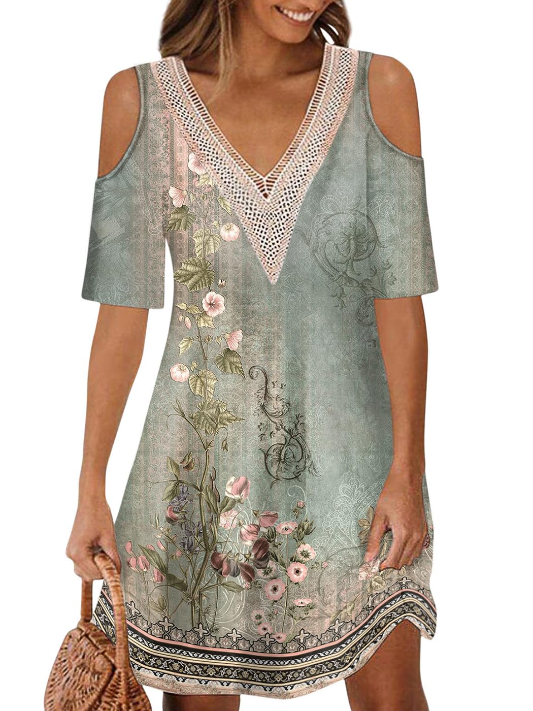 ABYOVRT Vestidos Verano Mujer Manga Corta Cuello V Mini Vestido Mujer Bohemio Floral Sueltos Casual Vestidos de Playa