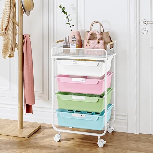 Miniatura 9 de Carrito rodante con 4 cajones, carrito utilitario rodante de 4 niveles, carrito de almacenamiento rodante con parte superior de malla, carrito de