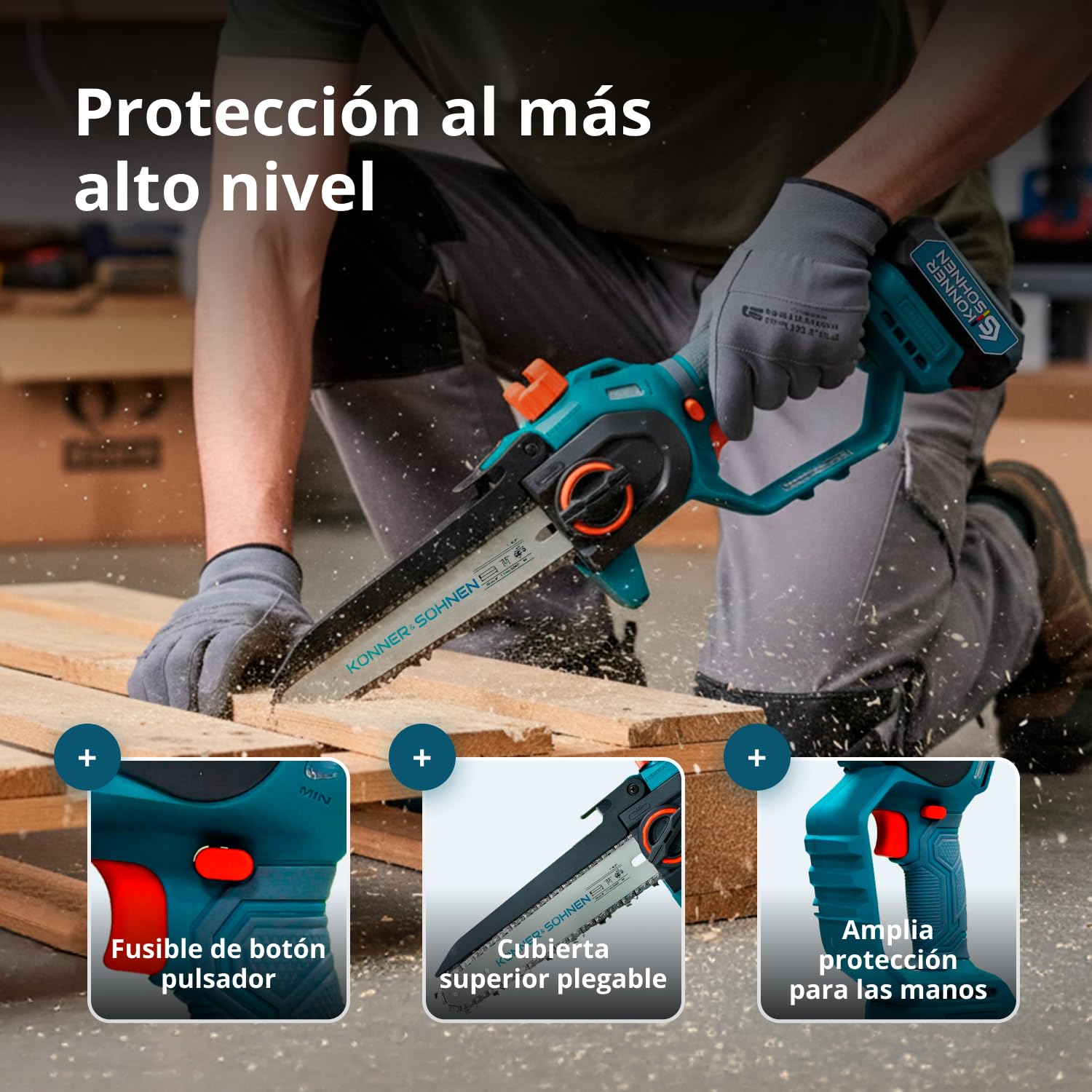 K&S Könner&Söhnen KS MCS20V-8 Case - Minimotosierra con batería de 8 pulgadas, motosierra eléctrica de mano con lubricación automática de cadena, sierra con batería de una sola mano con cargador de