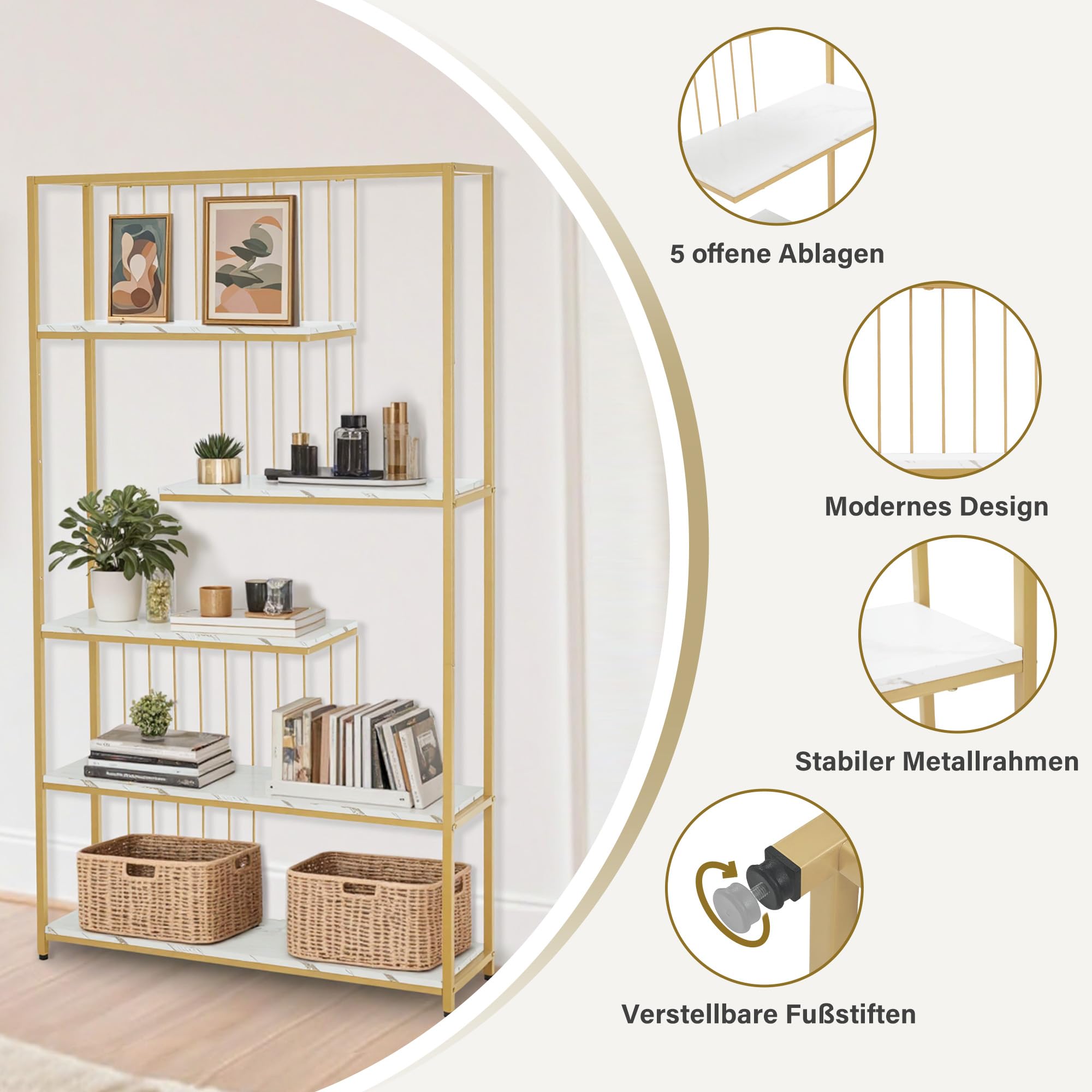 BarberPub gouden boekenrek, staande kast met 5 planken, bureau met