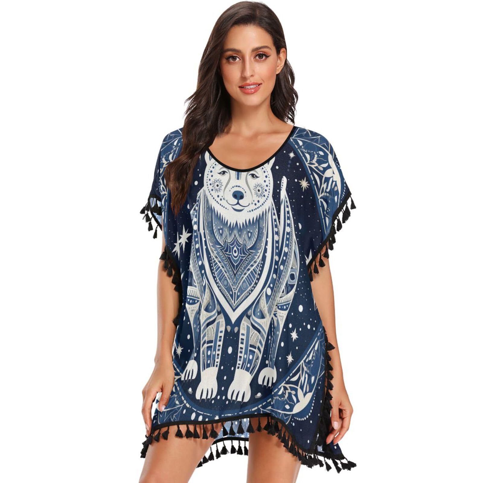 ]Polar Bear Space Art Starry Women's Beach Cover Up Chiffon Tassel Swimwear Swimsuit Coverups for Girl