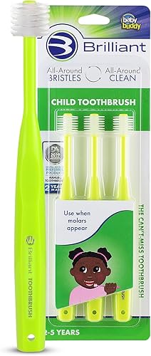 Brilliant Cepillo de dientes para niños, para niños de 2 a 5 años, cabezal de cepillo redondo, lima, 3 unidades