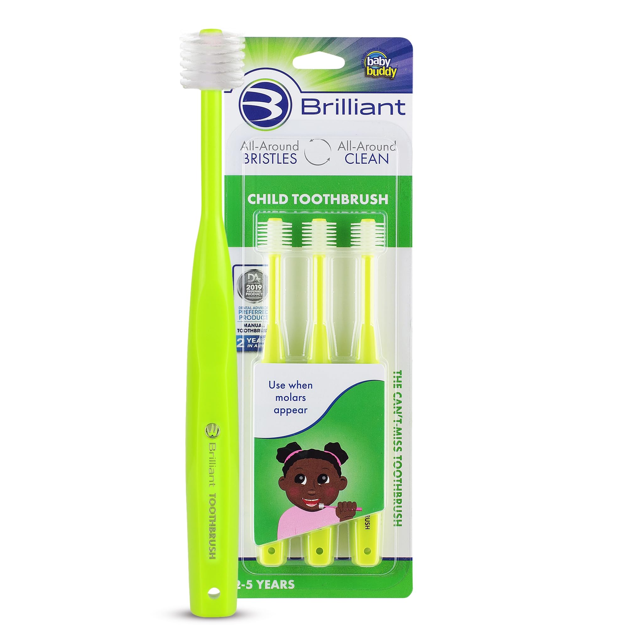 Brilliant Oral Care Child Toothbrush with Soft Bristles and Round Head, for a Kid Approved, Easy to Use All-Around Clean Mouth, Ages 2-5 Years, Lime, 3 Pack