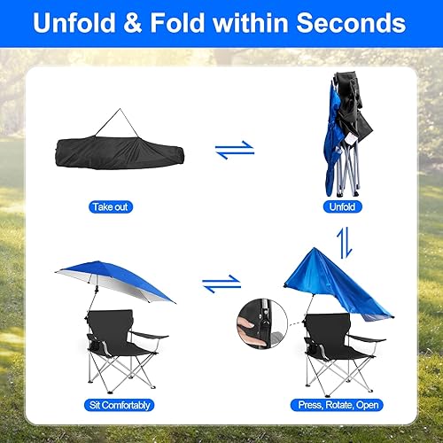 Miniatura 6 de Silla de playa con paraguas, sillas de playa plegables para adultos con toldo de toldo, UPF 50+, ajustable, resistente, silla de césped con soporte