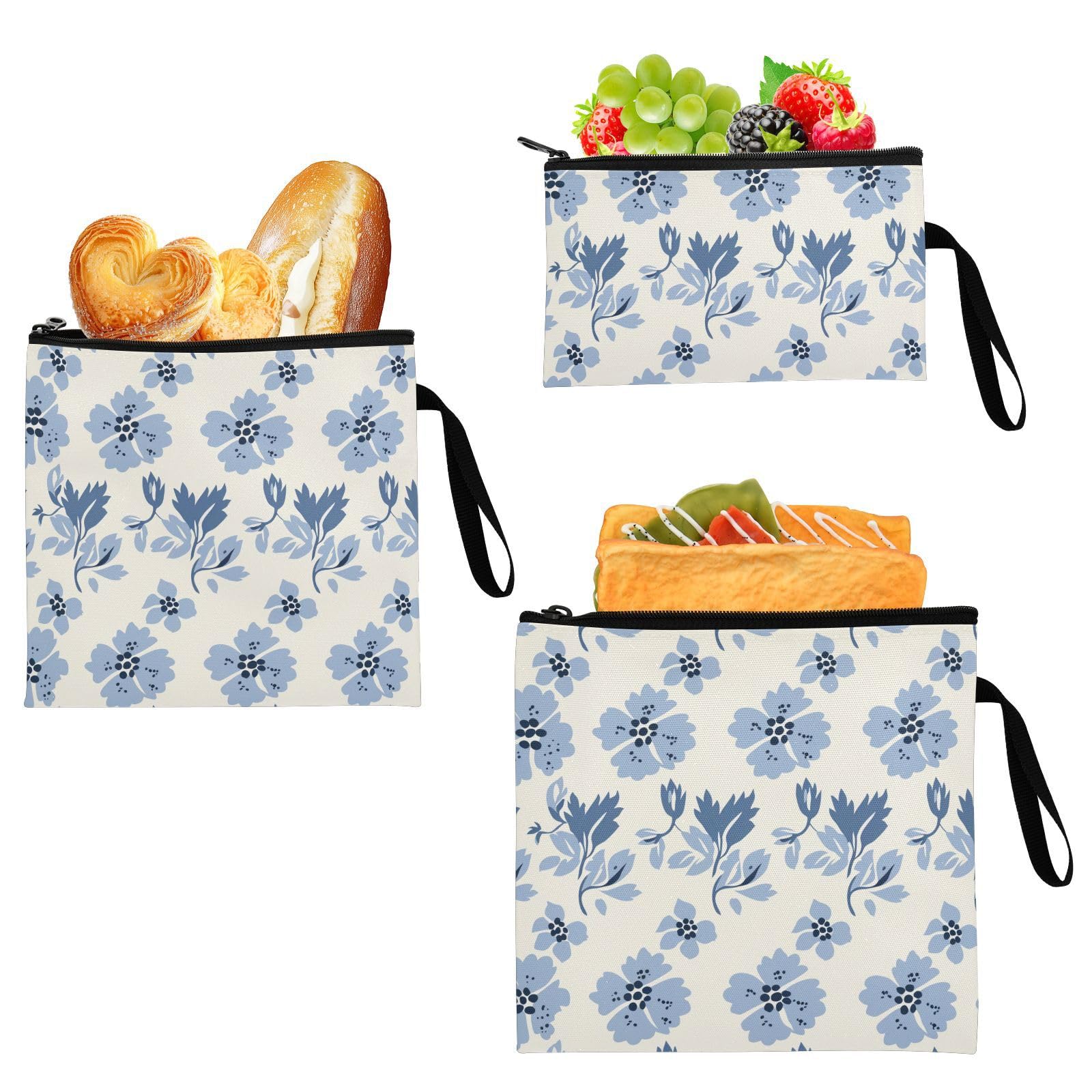 Yoogain William Morris Style Cat Paw Baby Blue 3-Pack Reusable Zipper Snack Bags Multi-Use Food Storage for Travel Items, Home Organization