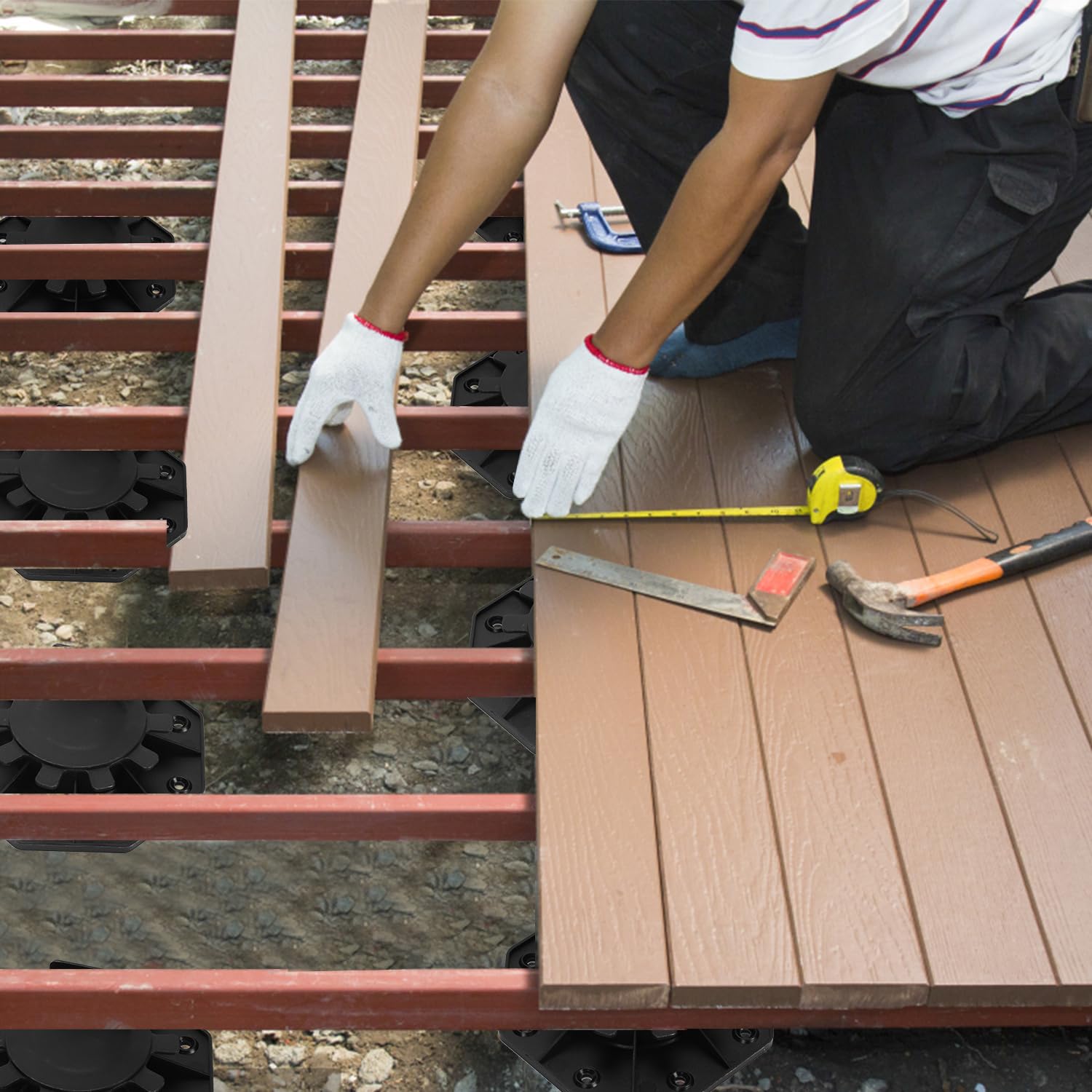 Plots terrasse réglable hauteur de 60-140 mm, Fini mat, 100x | Polypropylène, pour dalles de terrasse bois WPC, capacité de charge forte, résistant à l'usure et aux intempéries