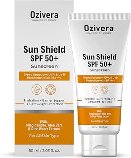 OZIVERA Sun Shield SPF 50+ Sunscreen PA++++, Broad Spectrum UVA & UVB Protection, Niacinamide & Rice Water Brightening, Li... Price In India