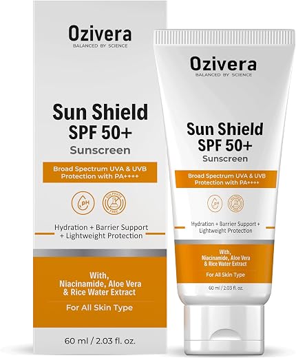 OZIVERA Sun Shield SPF 50+ Sunscreen PA++++, Broad Spectrum UVA &amp; UVB Protection, Niacinamide &amp; Rice Water Brightening, Li...