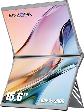 ARZOPA 15.6" Dual Portable Monitor for Laptop, Foldable Stackable Screen FHD 1080P 100% sRGB IPS, USB C & HDMI Connectivity, Adjustable Kickstand, for Mac PC Windows Gaming Office Travel - E1 Grey
