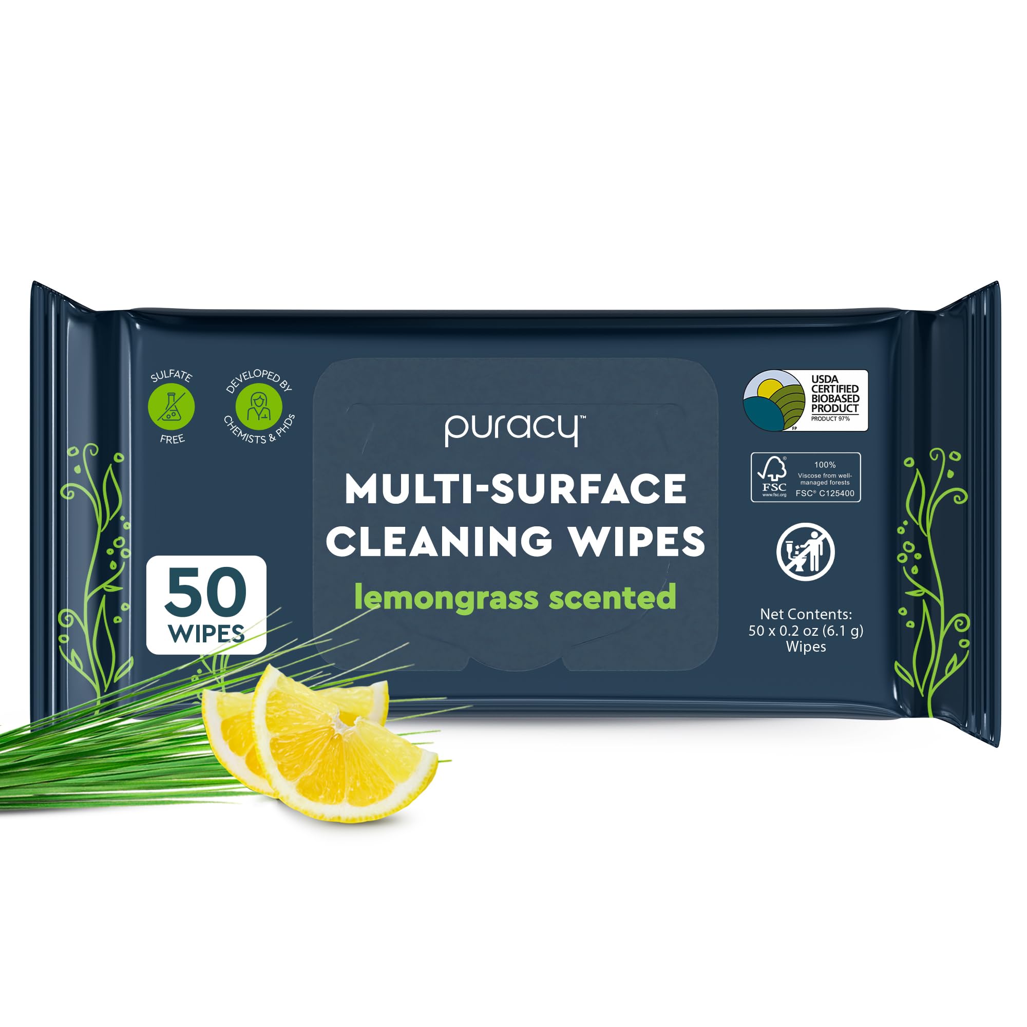 Puracy All Purpose Cleaning Wipes β Non Toxic Multi-Surface Cleaner & Appliance Wipes for Car, Bathroom, Kitchen β Lemongrass Scent (50 Count, 1 Pack)