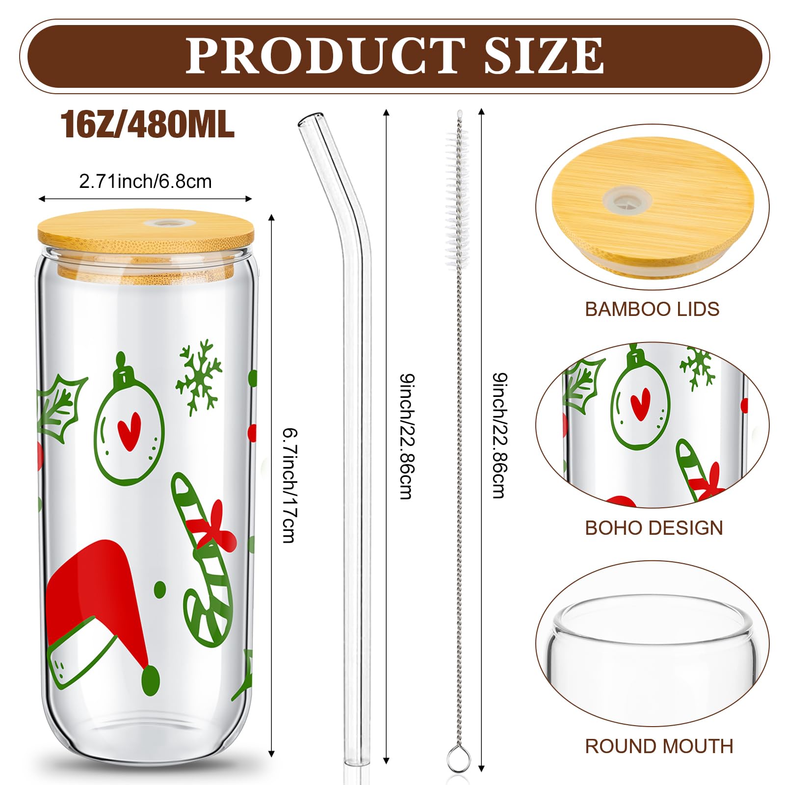 meekoo 8 Pcs Christmas Glass Cups 16oz Drinking Glasses with Lids and Straws Can Shaped Iced Coffee Cup Mason Jar Cups Christmas Mugs Tumbler Glass Water Jar for Women Kids Men Xmas Gift (Lovely)