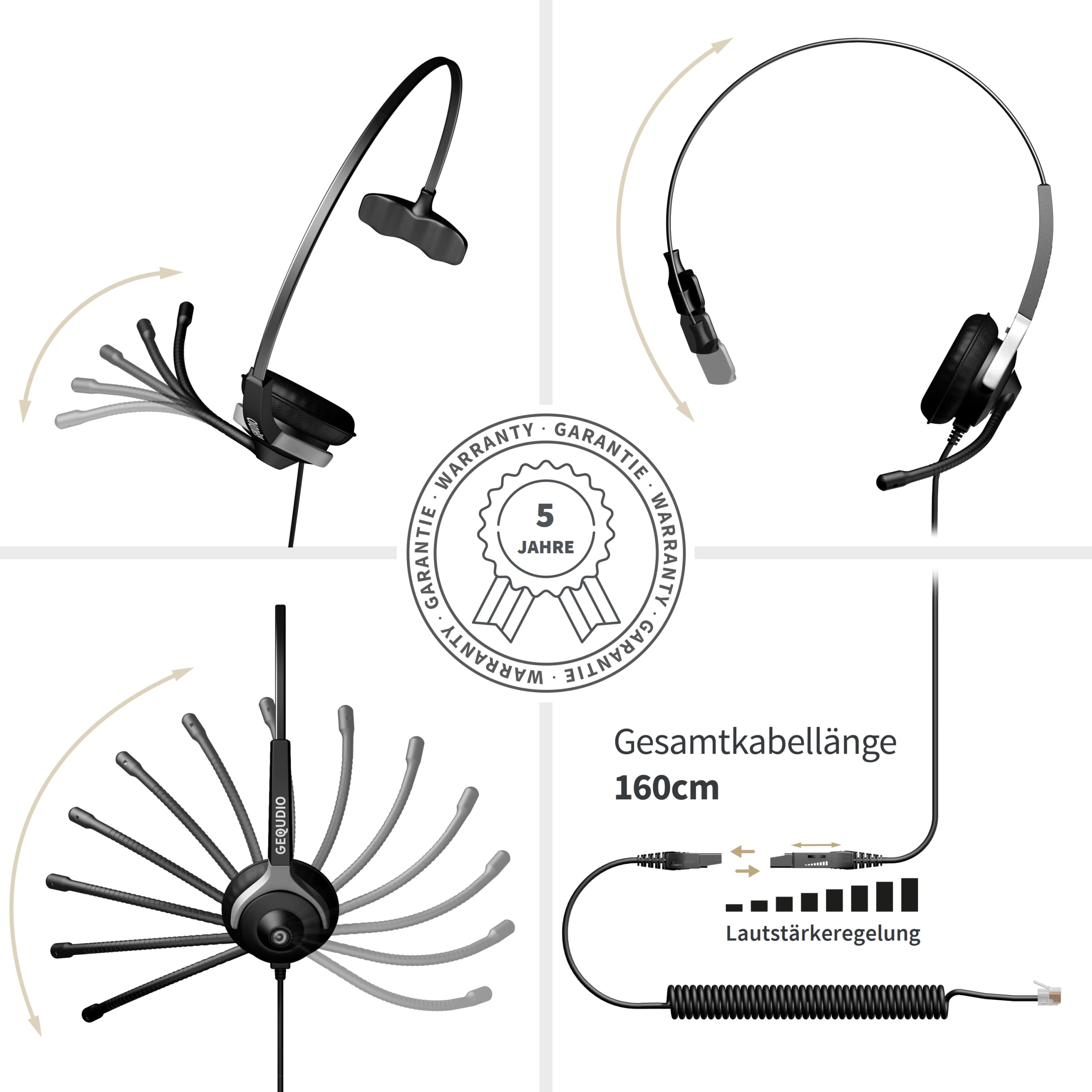 GEQUDIO Headset kompatibel mit Unify OpenStage 30 40 60 80 und OpenScape Serie Telefon - inklusive RJ Kabel - Kopfhörer & Mikrofon mit Ersatz Polster - besonders leicht 60g (1-Ohr)