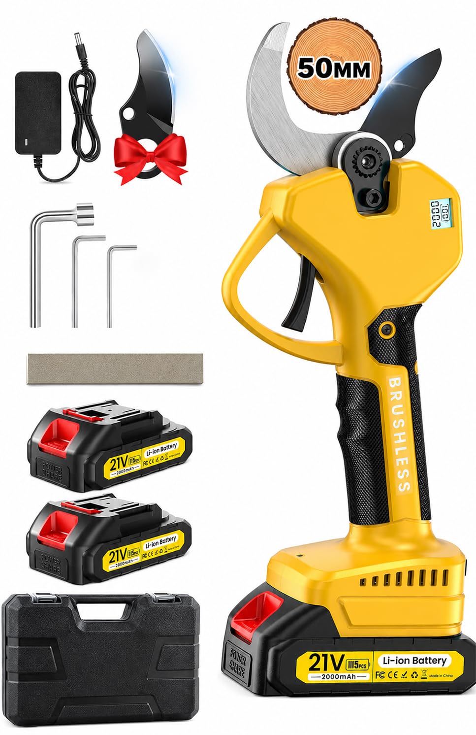 Akku Astschere, 50mm Elektrische Gartenschere, 800W Bürstenloser Motor, Kompatibel mit Makita Akku, LCD-Display, 2x2000mAh Akku, 6-10 Arbeitsstunden, Akku Gartenschere für Obstbäume & Gartenarbeit