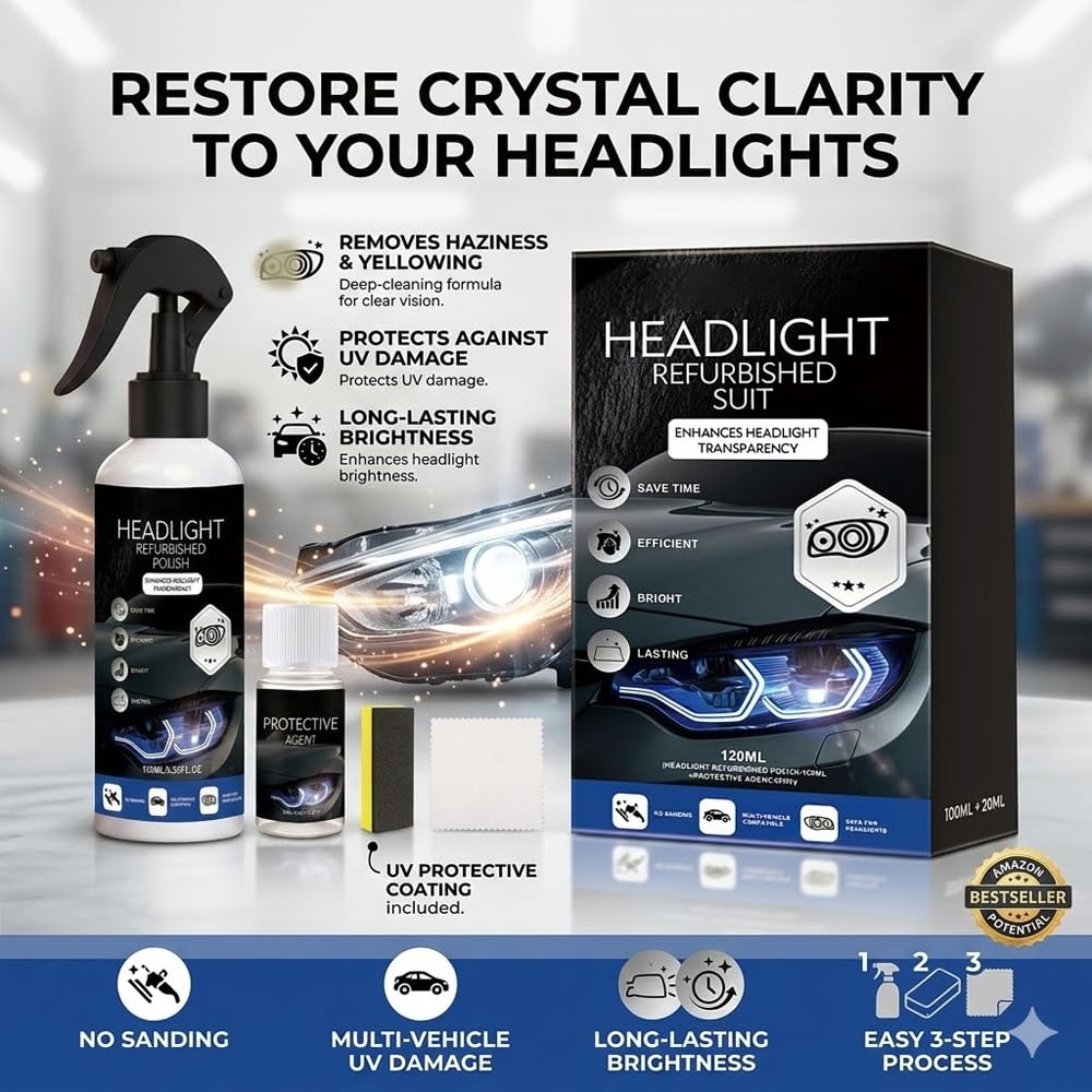 ROVIA Automotive Headlight Restoration Kit: Fast & Easy Car Headlight Cleaner for Oxidized, Yellowed Headlamps - Refurbishing Fluid Restores Clarity & Brightness for All Vehicle Types (1pcs) - 4