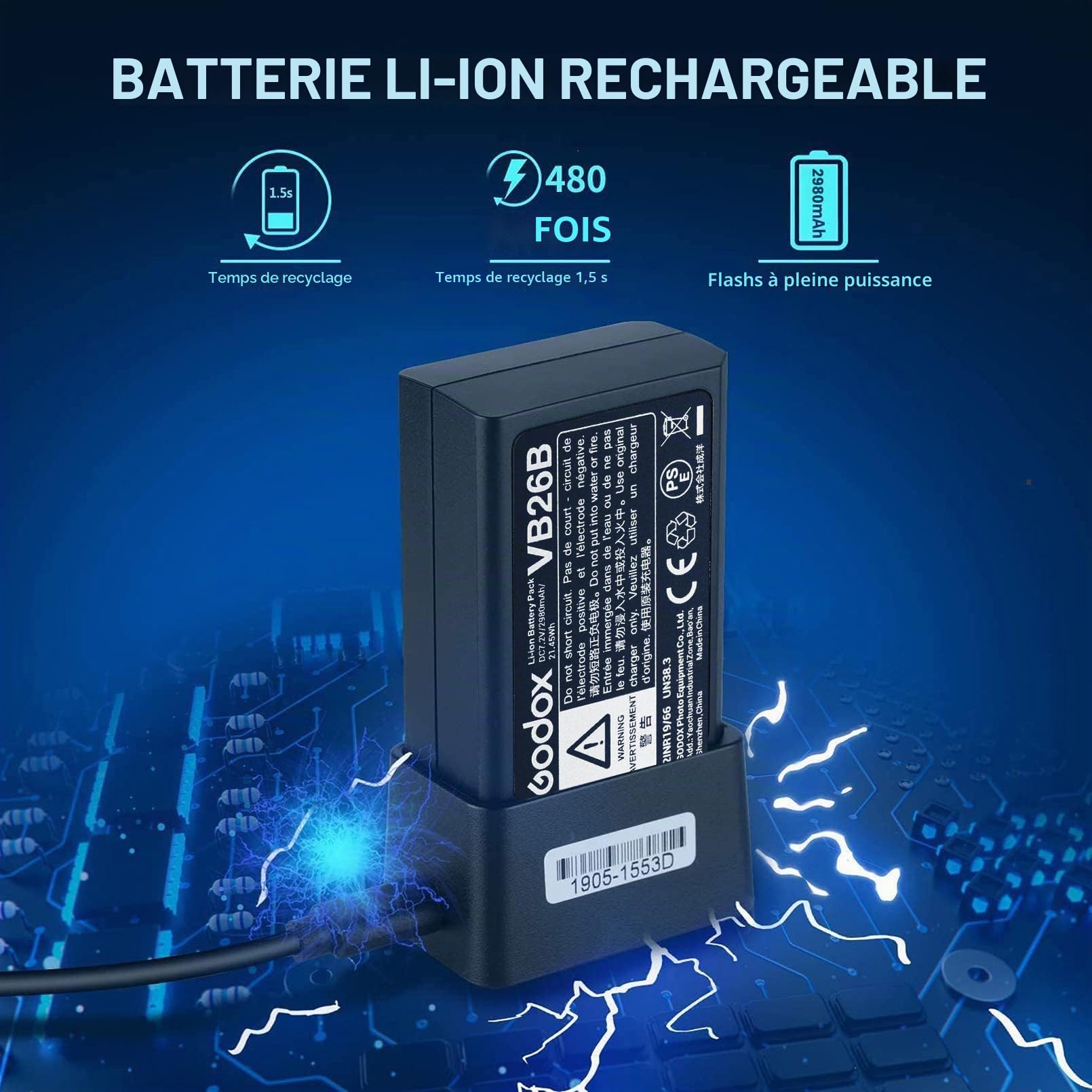 GODOX V1 Batterie VB26B VB26A VB26 Remplacement pour V1S V1C V1N V1F V1O V1P V860III-S V860III-C V860III-N V860III-F V860III-O V850III AD100Pro Flash Speedlite