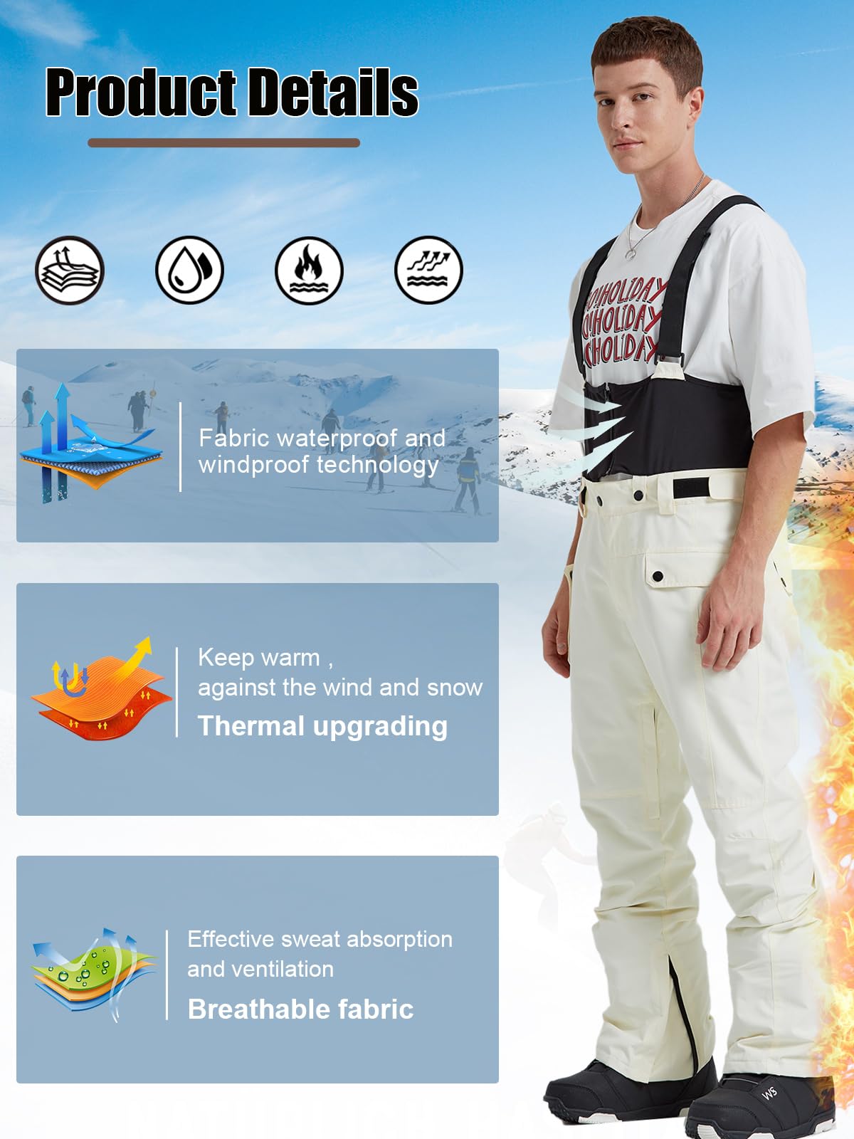 Herren Skihose Wasserdicht Schneehose Softshellhose Winter Warm Gefüttert Snowboardhose Overall mit VAbnehmbar Träger