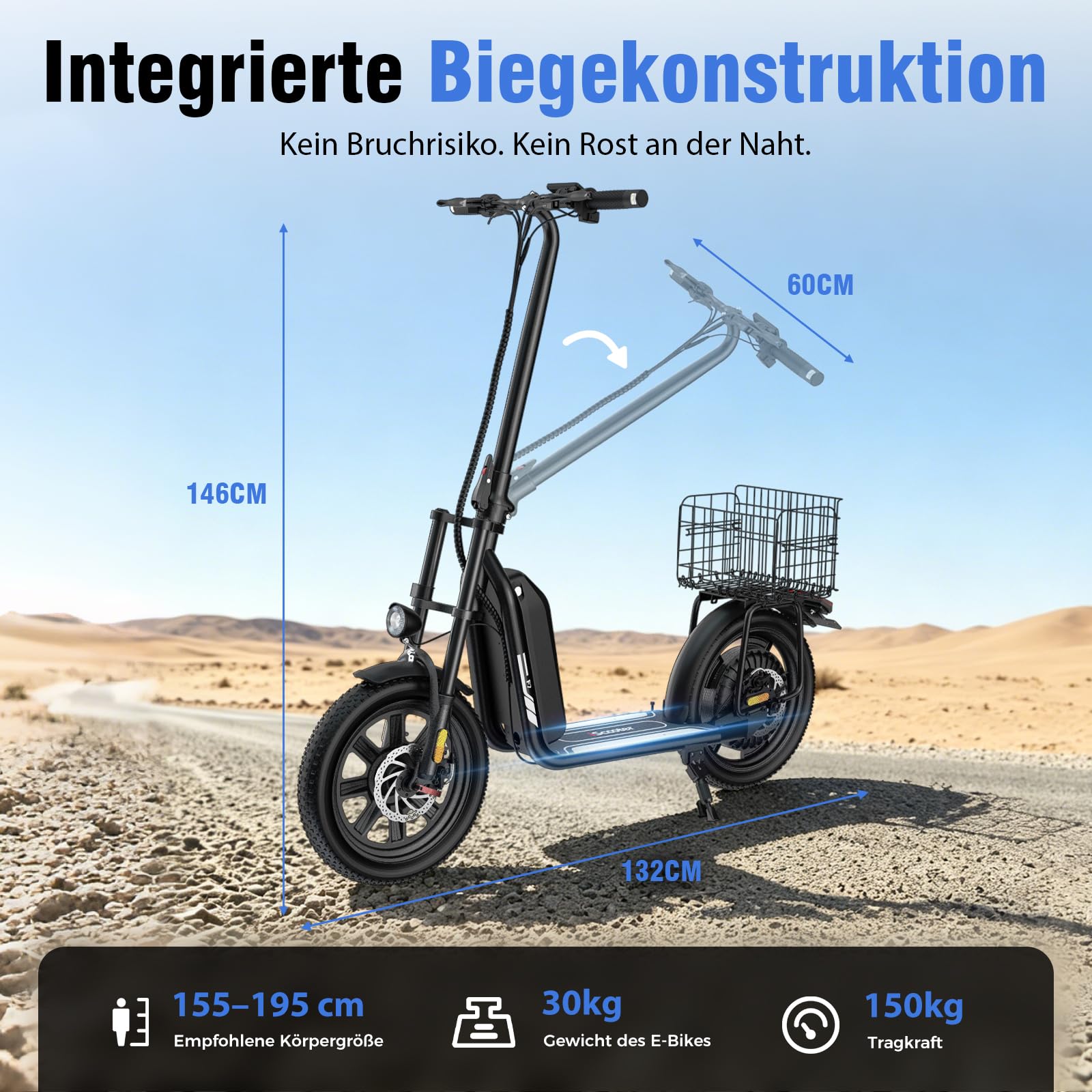 iScooter E Scooter mit Straßenzulassung für Erwachsene mit 16*3 Zoll Fat Winterreifen, 70-80km Reichweite ABE Faltbarer Elektroroller, Herausnehmbarer Akku, Korb, Stoßdämpfung, 150 kg Tragkraft, App