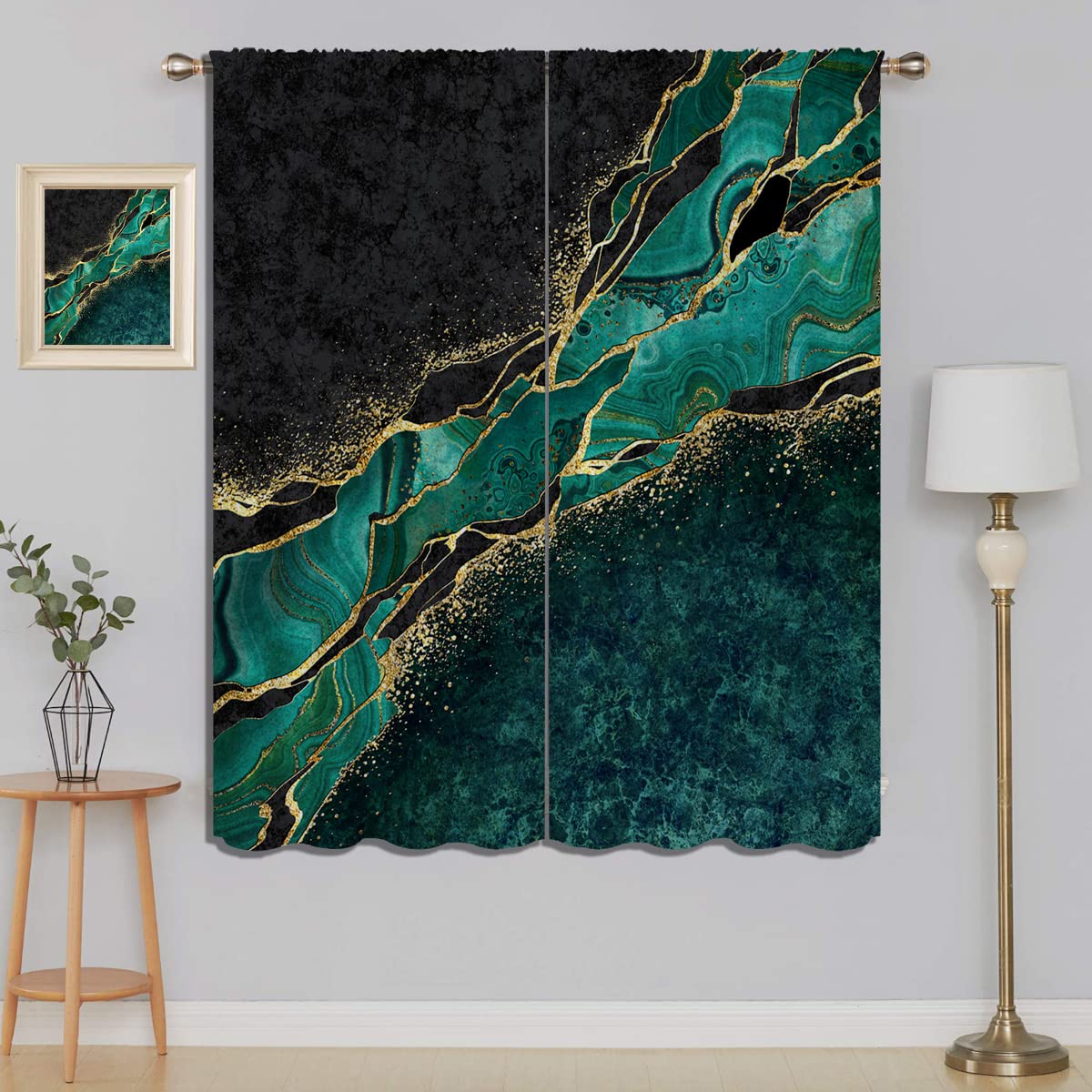 Black Green Malachite Marble Blackout Curtains for Boy Girl Bedroom Living Room Darkening Decor, Abstract Luxury Golden Texture Rod Pocket Thermal