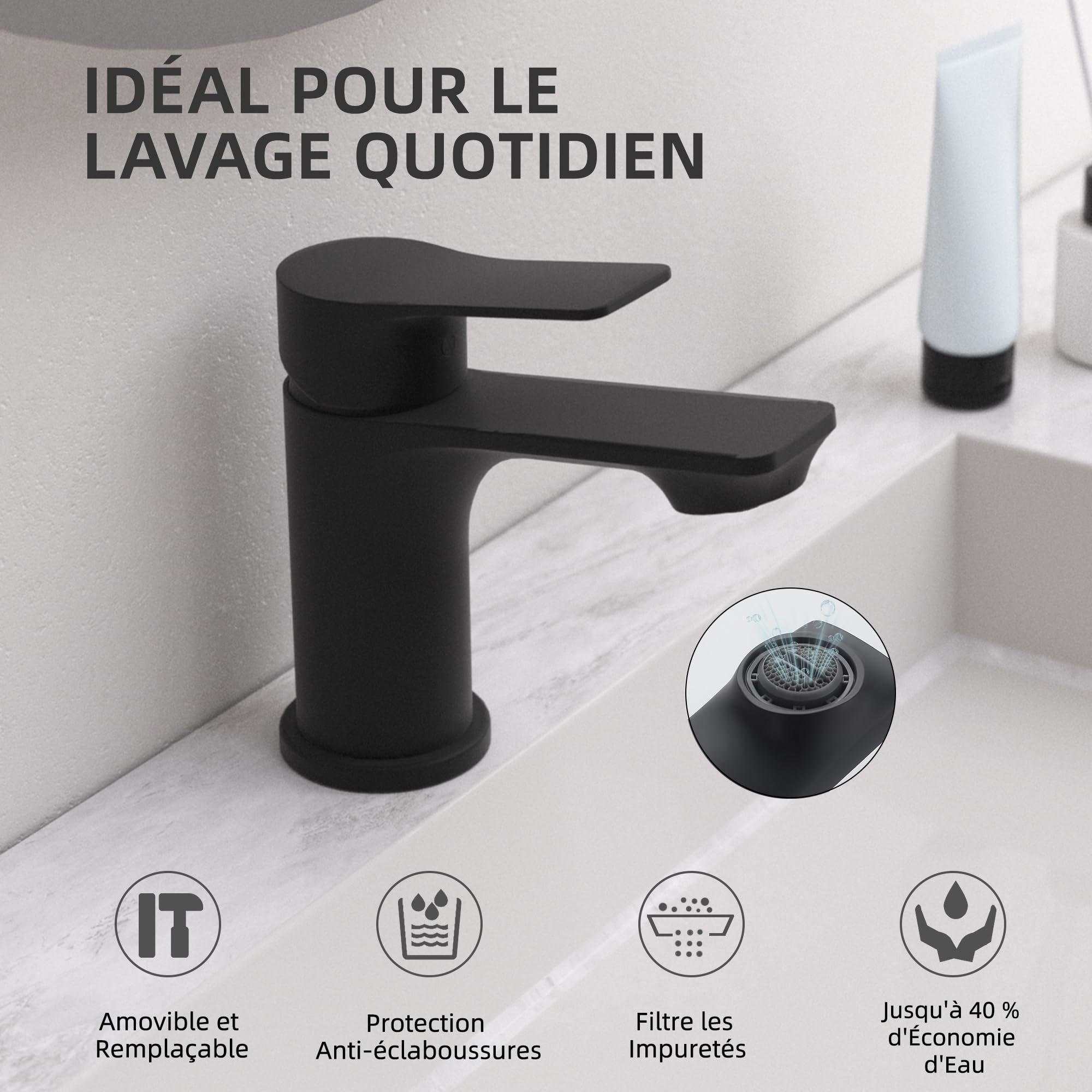 BELZ Robinet de Salle de Bain, Mitigeur de Lavabo Moderne - Laiton, Économiseur D'Eau et Durable, Noir