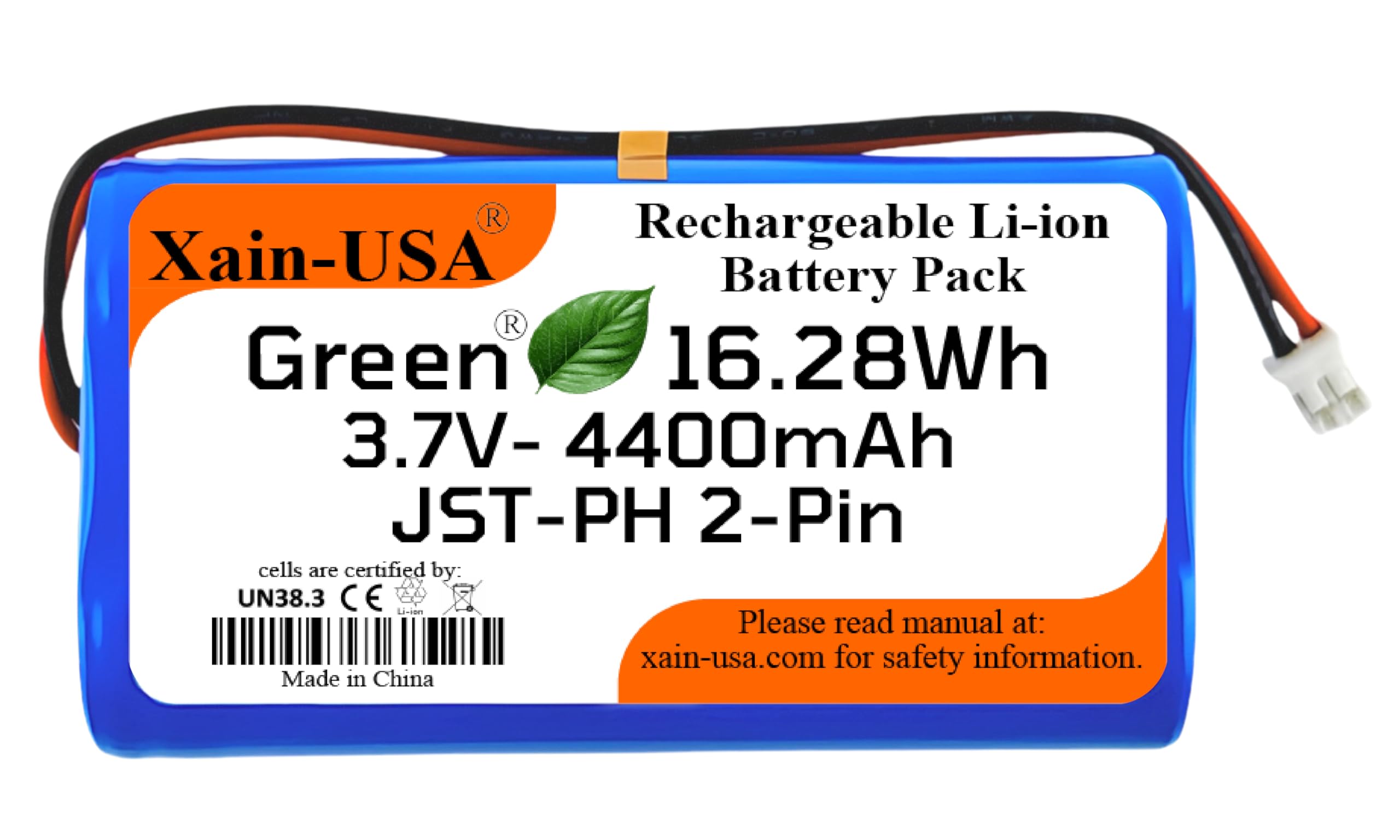 (1-Pack) 3.7V 4400mAh Li-ion Rechargeable Battery Pack with JST-PH2.0 2-Pin Connector for Electronics, LED Lighting, Low-Drain Devices, Outdoor Lights, Toys, GPS, Speakers, Fire Alarm