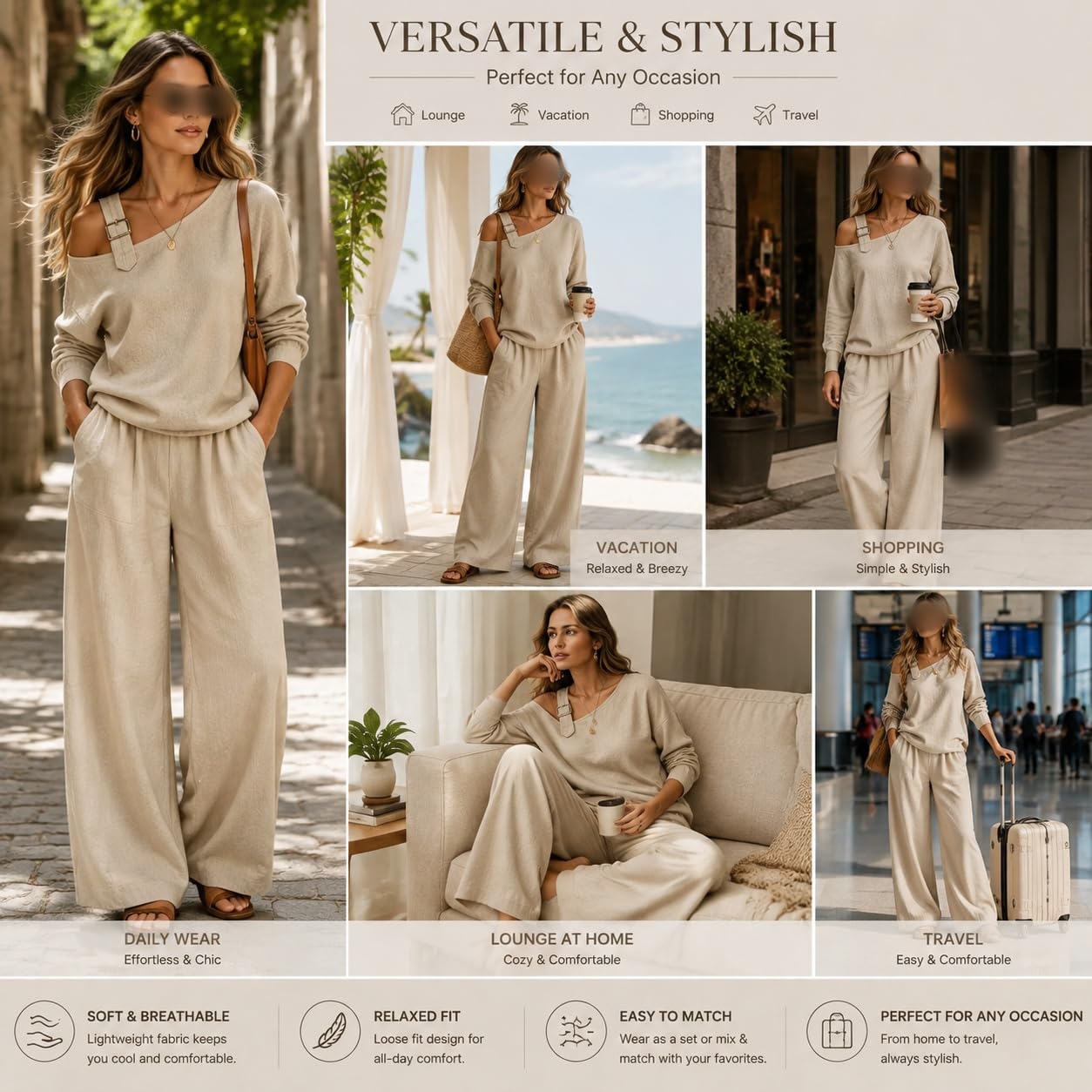 Conjunto De Dos Piezas Para Mujer Con Hombros Descubiertos: Top De Manga Larga Con Un Solo Hombro Y Pantalón De Pierna Ancha. Conjunto Elegante Y Relajado, Ideal Para Viajes, Vacaciones Y Uso Diari