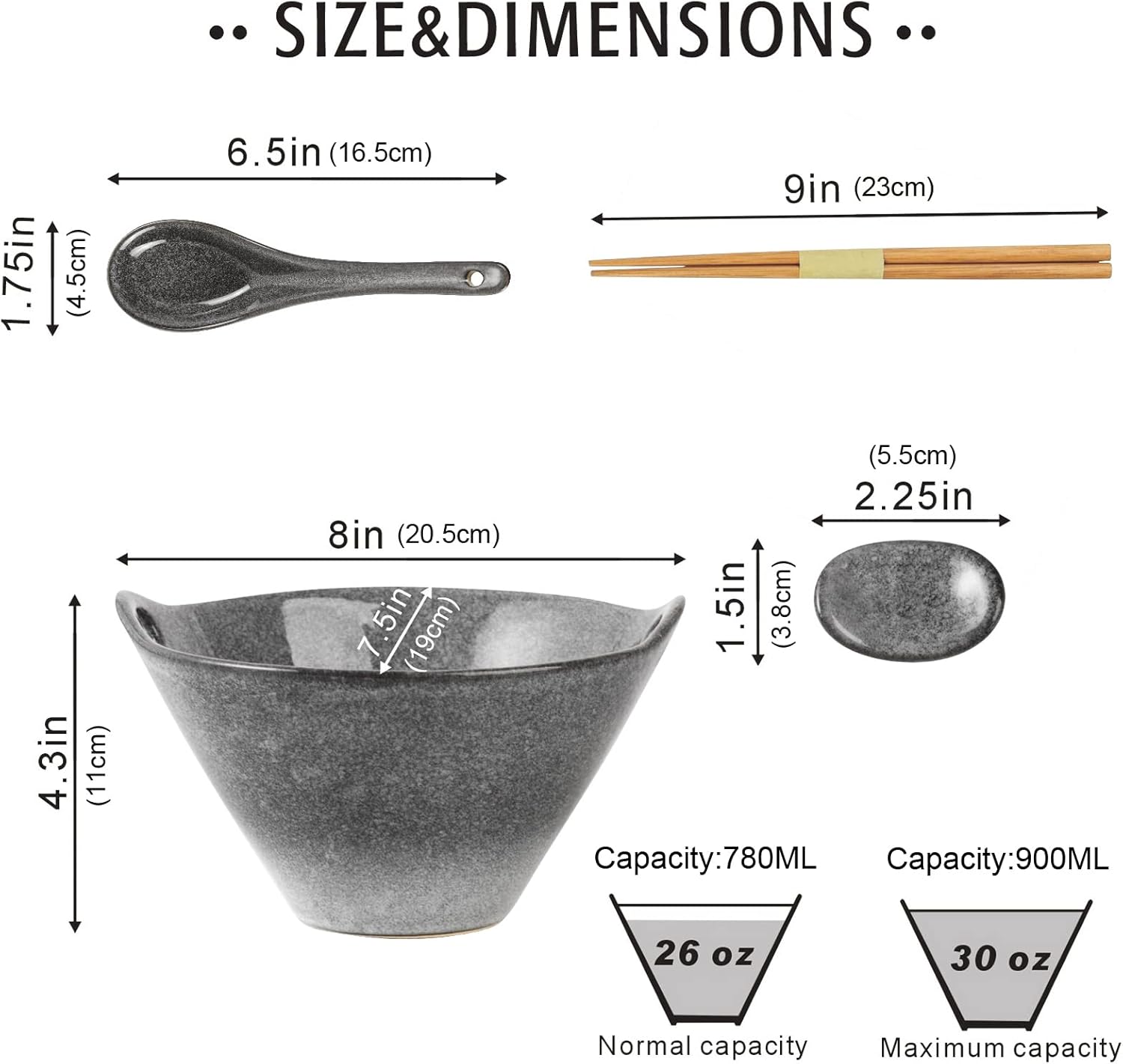 UNICASA Japanese Ramen Bowl Set with Chopsticks, Spoons and Rests, 26oz Deep Porcelain Noodle Bowl Set of 2 for Udon, Pho, Salad, Soup (Reactive Gray)