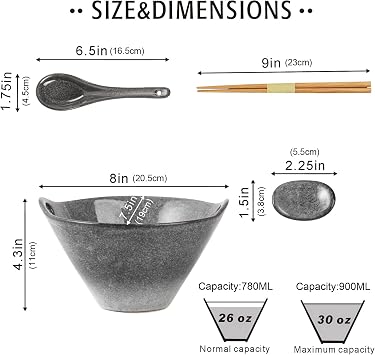UNICASA Japanese Ramen Bowl Set with Chopsticks, Spoons and Rests, 26oz Deep Porcelain Noodle Bowl Set of 2 for Udon, Pho, Salad, Soup (Reactive Gray)