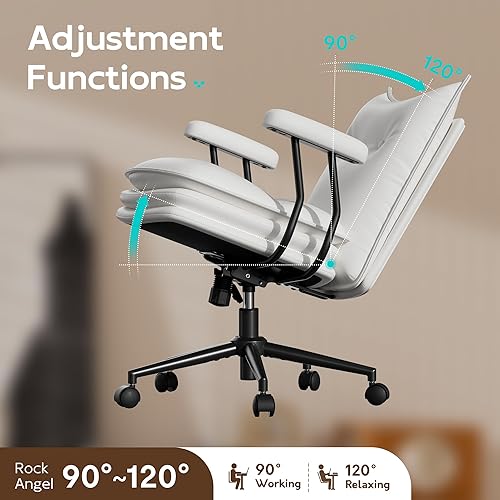 Miniatura 5 de Silla de oficina de cuero blanco con ruedas, asiento ancho de triple capa, altura ajustable, respaldo medio, cómoda silla de escritorio para el