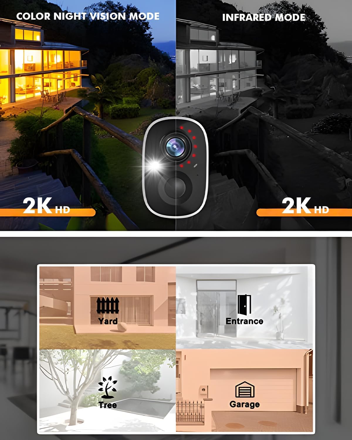 Comparison image showing the Dzees Outdoor Camera's 2K HD color night vision mode versus infrared mode.