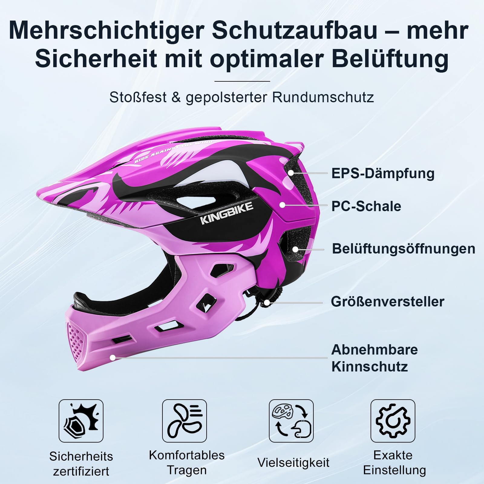 KINGBIKE Casque intégral pour enfant avec protège-menton amovible | Casque de vélo pour scooter, vélo et multisport, casque de protection à partir de 5 ans pour garçons et filles 51-55 cm