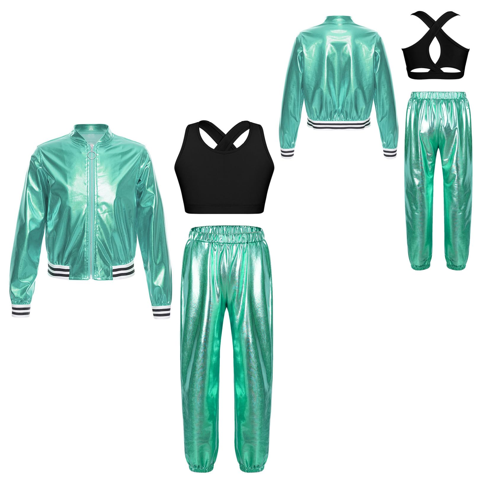 3 Pezzi Tuta da Sportiva Ginnastica Artistica per Bambina Completo Hip Hop Lucido Giacca Pantaloni e Crossback Top Abito da Ballo di Strada Jazz Metallizzato