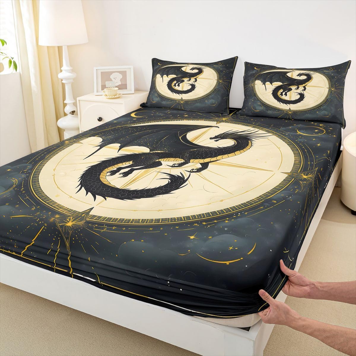 Erosebridal Goth Pterosaur Full Fitted Sheet Yellow Black Star Sky Print Bed Sheets Kids Boys Western Animal Bedding Set Gears Clocks Sheets