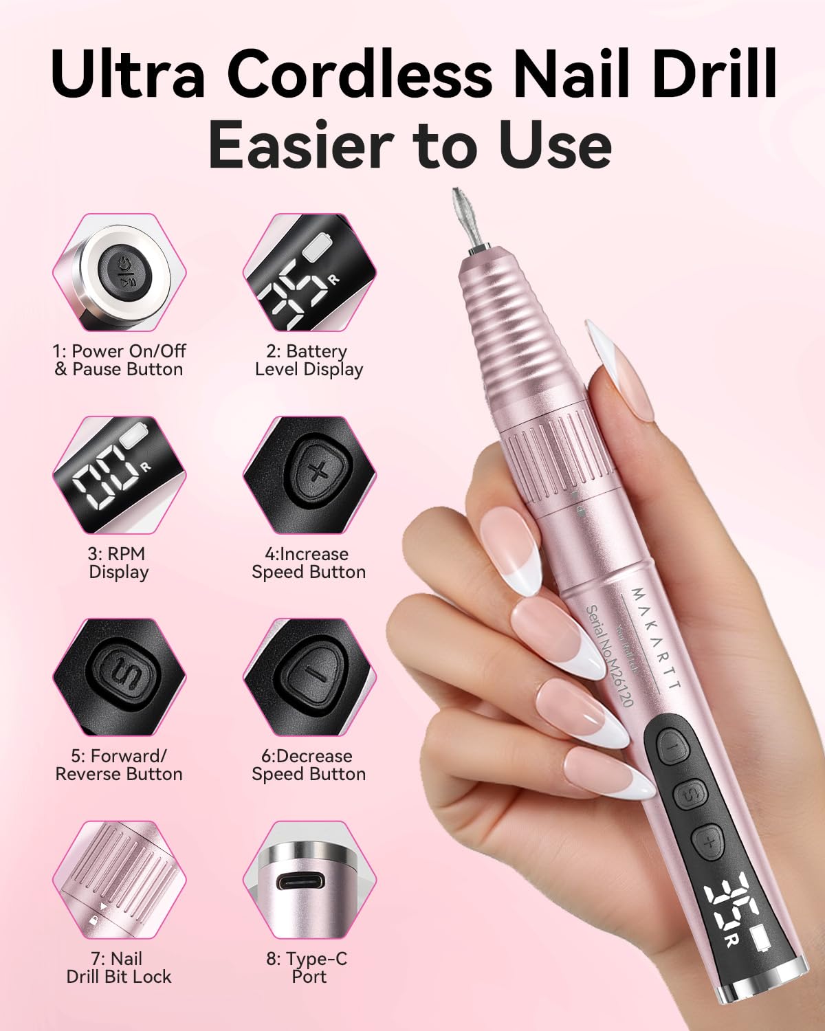 Makartt Ponceuse à ongles électrique professionnelle - 35 000 tr/min - Lime à ongles électrique pour ongles en gel et ongles en acrylique, formes d'ongles, élimination des callosités, silencieuse