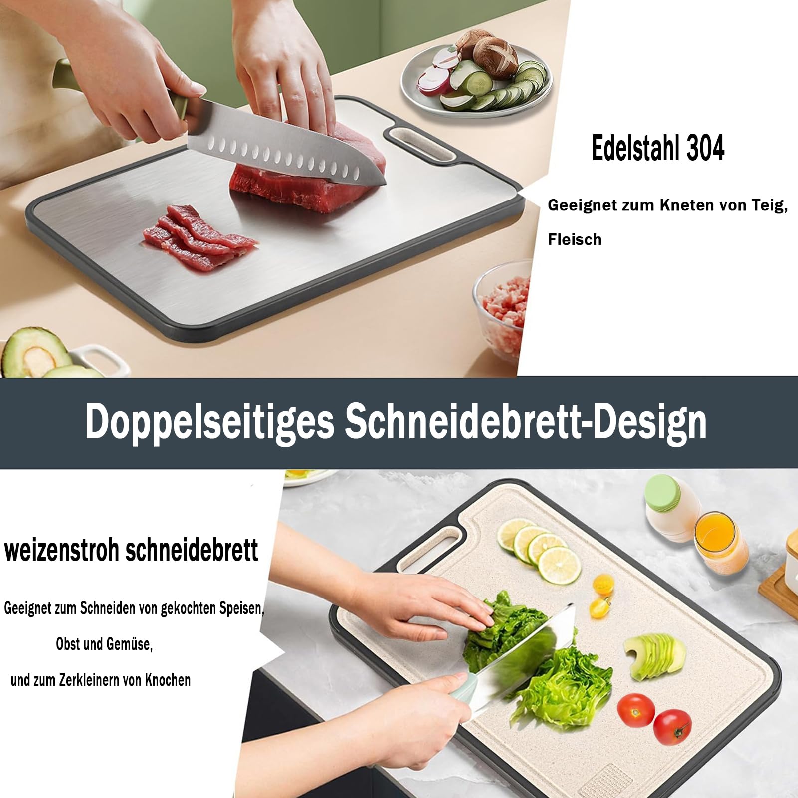 FONPOO Tagliere Acciaio Inox, Taglieri Cucina Realizzato in Acciaio Inox 304 per Uso Alimentare e Materiale PP Paglia di Grano, Tagliere per Tritare Carne, Verdure, Frutta e Pane (38,5 x 26,5 cm)