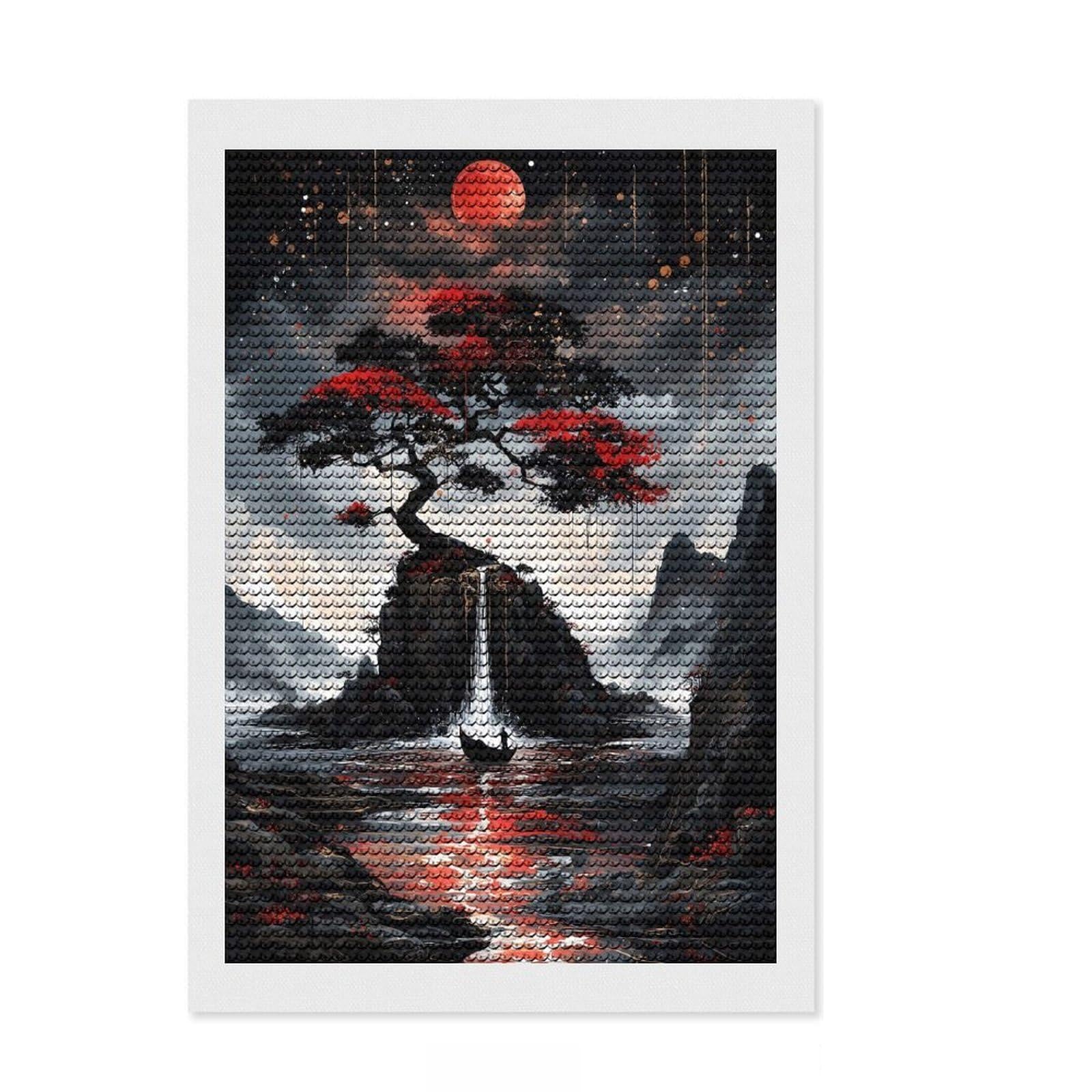 Junmoney Red Moon Serenity Diamond Art Canvas 8"x12", Finish and Display, Sparkling Round Gems, Easy Handmade Project, Home Wall Decor