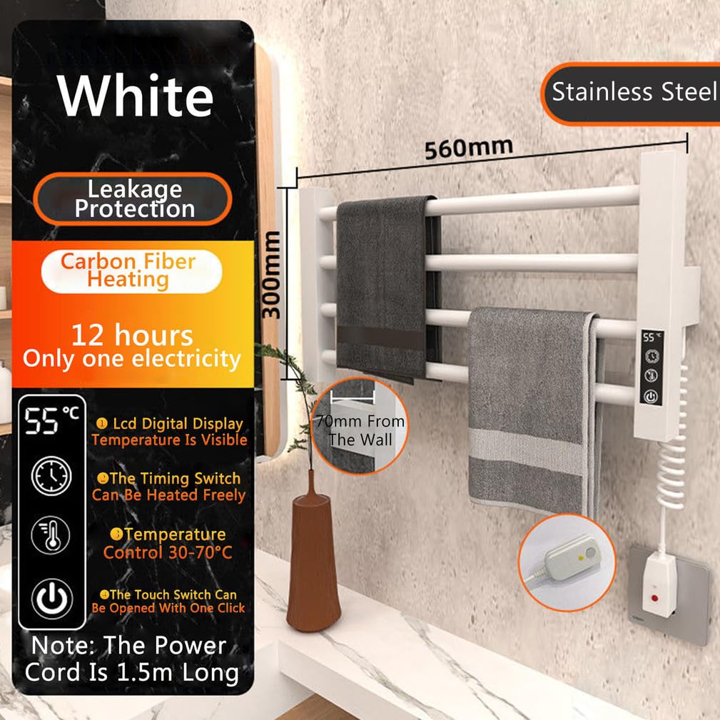 Termoarredo Elettrico Bagno da Parete,scaldasalviette Elettrico con Interruttore a LED Bagno,Parete Portasciugamani in Acciaio Inox,560mm*300mm*70mm,90W,Bianca,Plug in