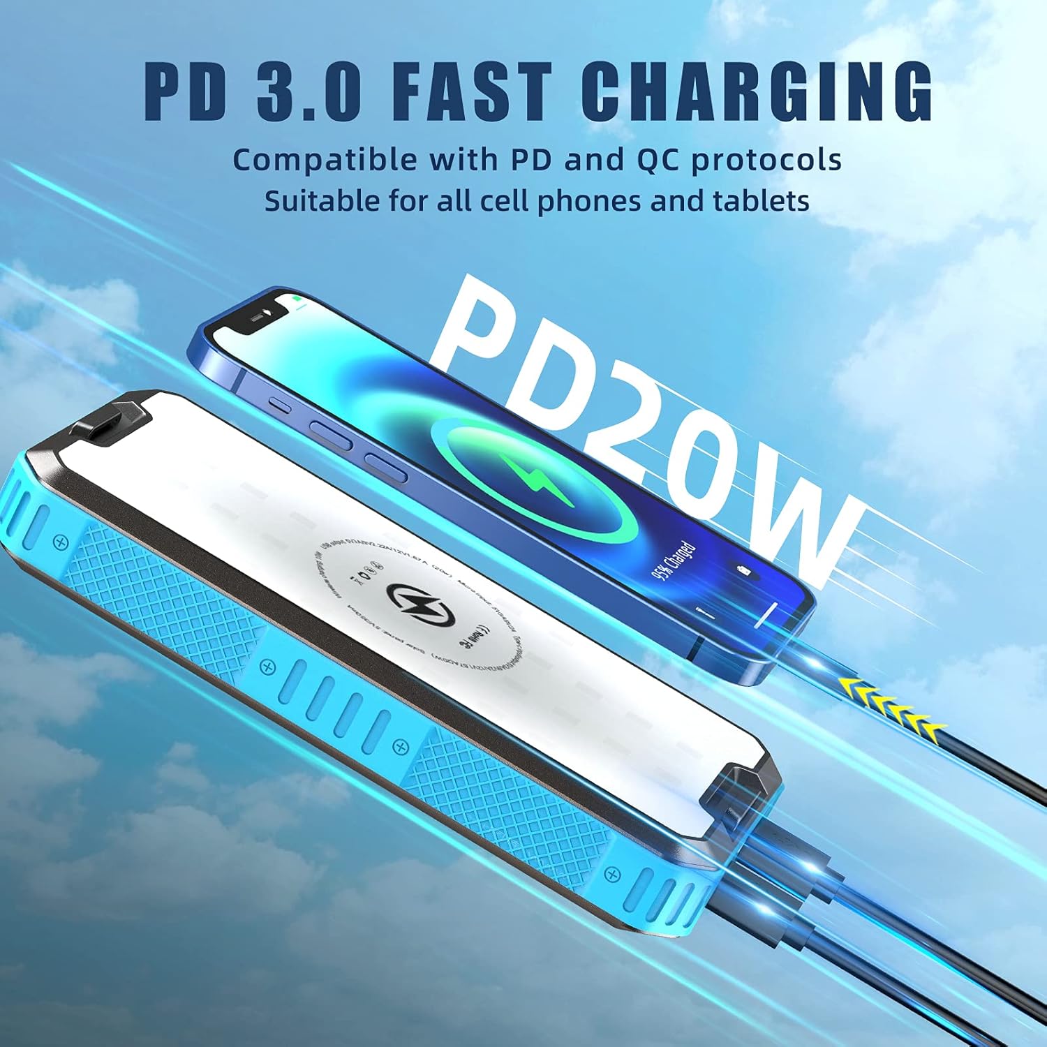 Solar Charger Power Bank 30000mAh(Fully Upgraded), PD 20W QC3.0 Fast Charging with 10W Qi Wireless Charging, 3 Outputs, LED Flashlight, IP67 Waterproof for Cellphones Tablet and Outdoor Camping : Cell Phones & Accessories