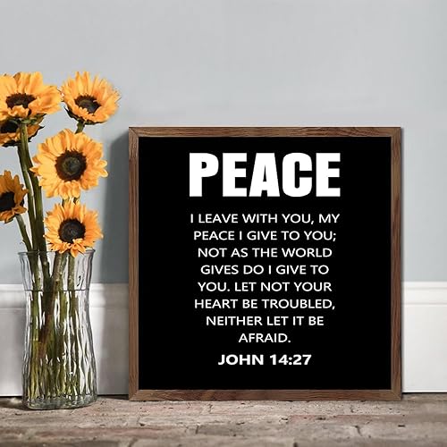 Letrero de madera con marco rústico con texto en inglés "Peace I Leave with You,My Peace I Give to You", letrero de madera motivacional para