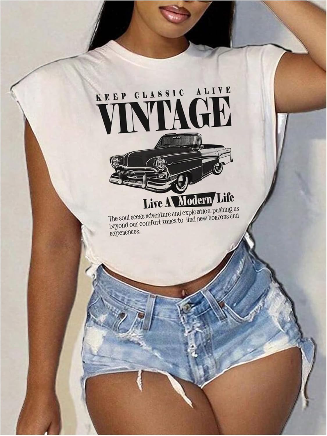 Women's Plus Size Letter Car Graphic Tees Short Sleeve Crew Neck Crop Tops Summer T Shirt - Image 2