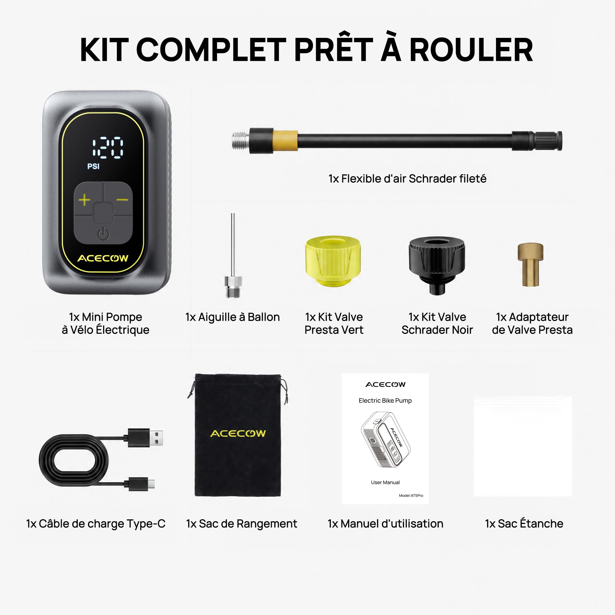 Mini Pompe à Vélo Électrique,120 PSI Gonfleur Électrique Portable avec Manomètre & Arrêt Automatique,Rechargeable avec Flexible,Valve Presta & Schrader pour Vélo de Route,VTT,Gravel,E-Bike