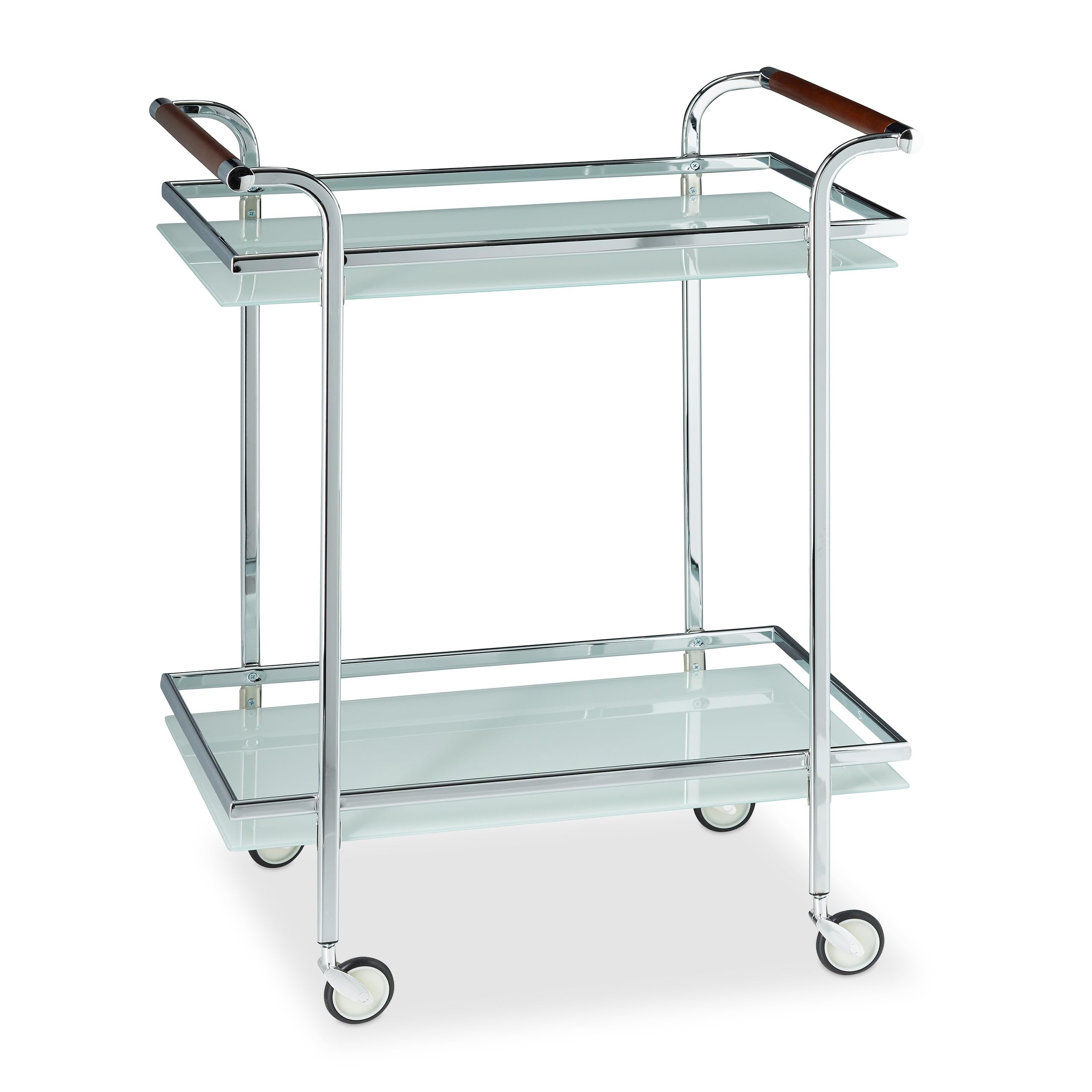Relaxdays Carrello da Servizio in Vetro Opalino, Carrellino Portavivande con 2 Ripiani, a Vista, Elegante, HLP 85x66x43 cm, Argento