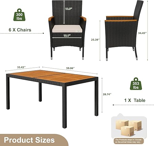 Miniatura 9 de Devoko Muebles de comedor de 7 piezas, juego de conversación de patio con mesa de madera de acacia, para exteriores, cojín beige y ratán negro Negro