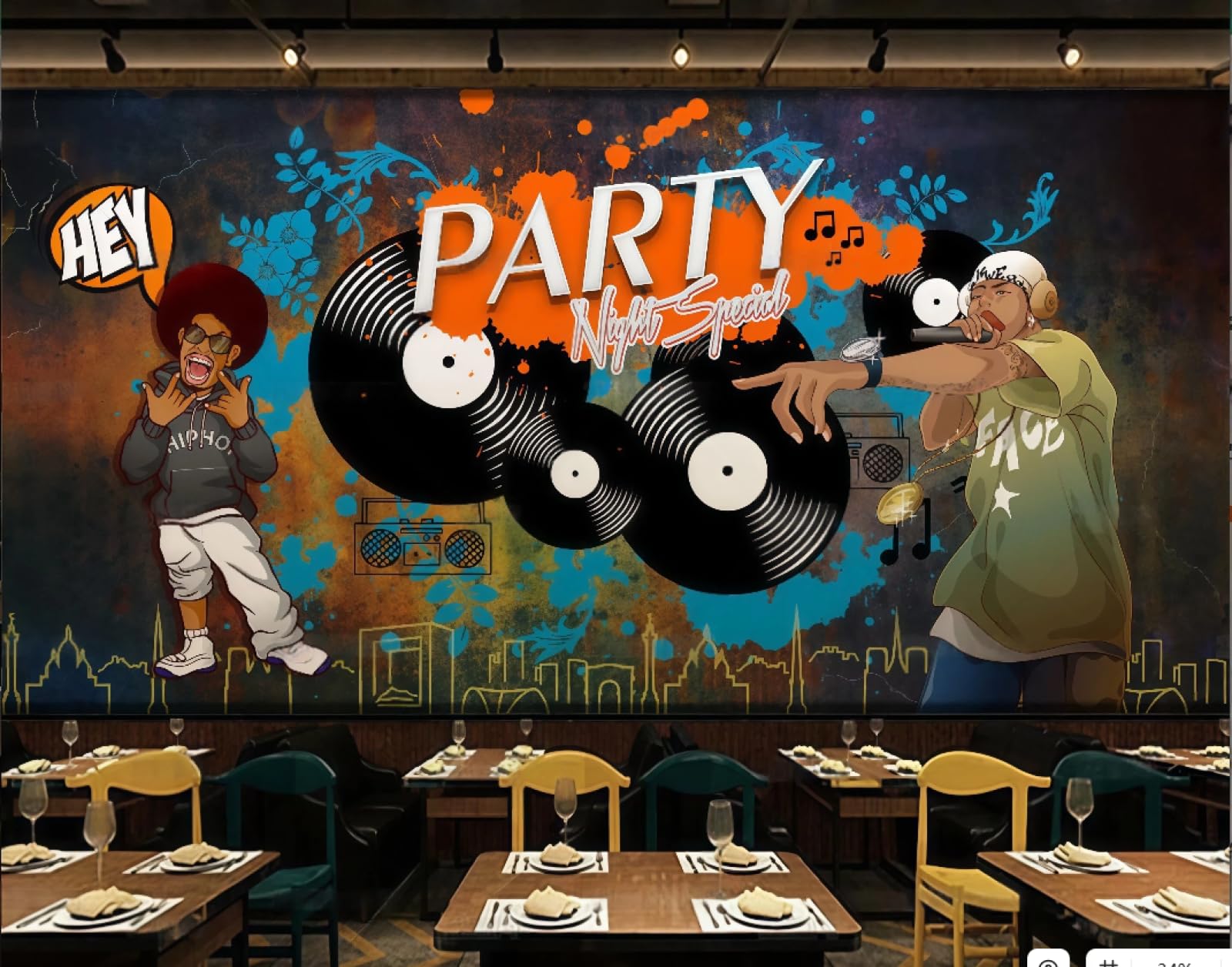 XDOUBAO Wallpaper Hand-Painted Hip-hop Trend Graffiti Theme Music Bar Shopping Mall Afternoon Tea Western Restaurant Background Wall Wallpaper Coffee Shop Mural,3D,150x105cm