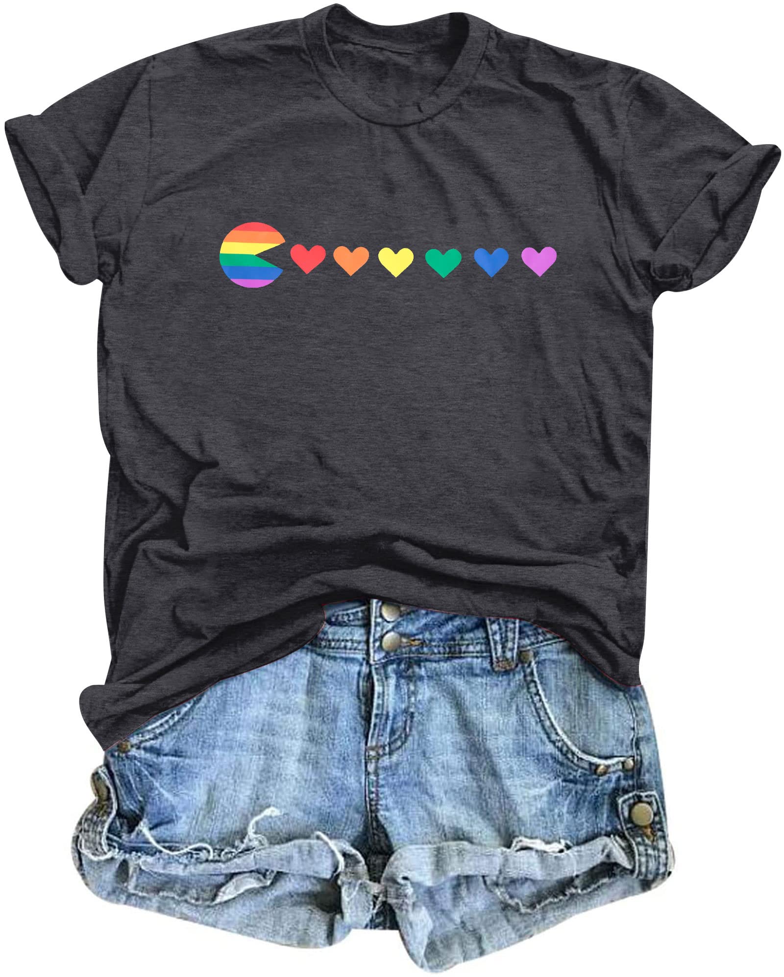 Pride Shirt For Women - LGBTQ Equality Rainbow Heart Graphic Tee, Summer Short Sleeve Top