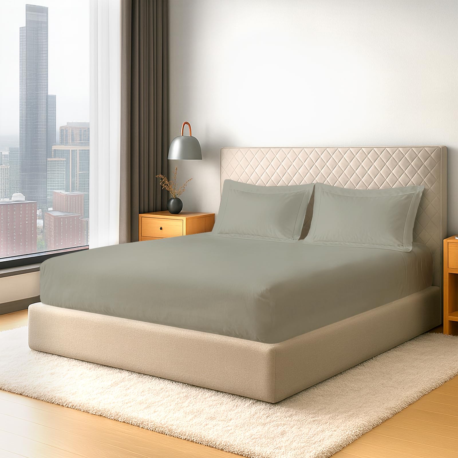 Pizuna Pure Cotton 600 Thread Count Fitted Sheet King Size with 2 Pillowcases, Silver 100% Long Staple Cotton, Soft Sateen Weave 40 cm Deep Fitted King Size Sheet โ image 1