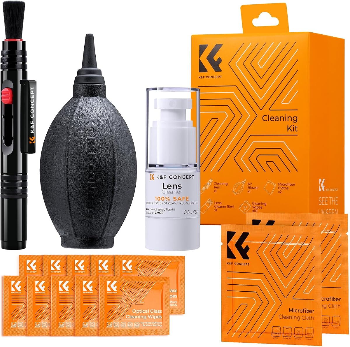 K&F CONCEPT 15-1 Lens Cleaning Kit for DSLR, Phone, Photography Enthusiasts | Strong Blower,Safe Cleaning Solution,Anti-Static Lint-Free Pen,Portable Microfiber Cleaning Cloth Multi Device Use,MK06