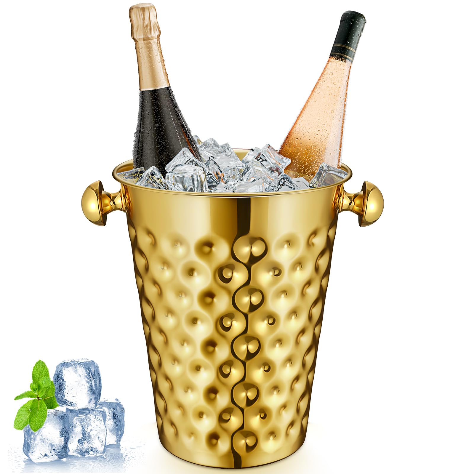 Cubo de hielo dorado champán de 5 cuartos (4.7 L) de metal de doble pared martillado de acero inoxidable para bar, fiesta, boda, banquete, barbacoa al aire libre (boca recta)