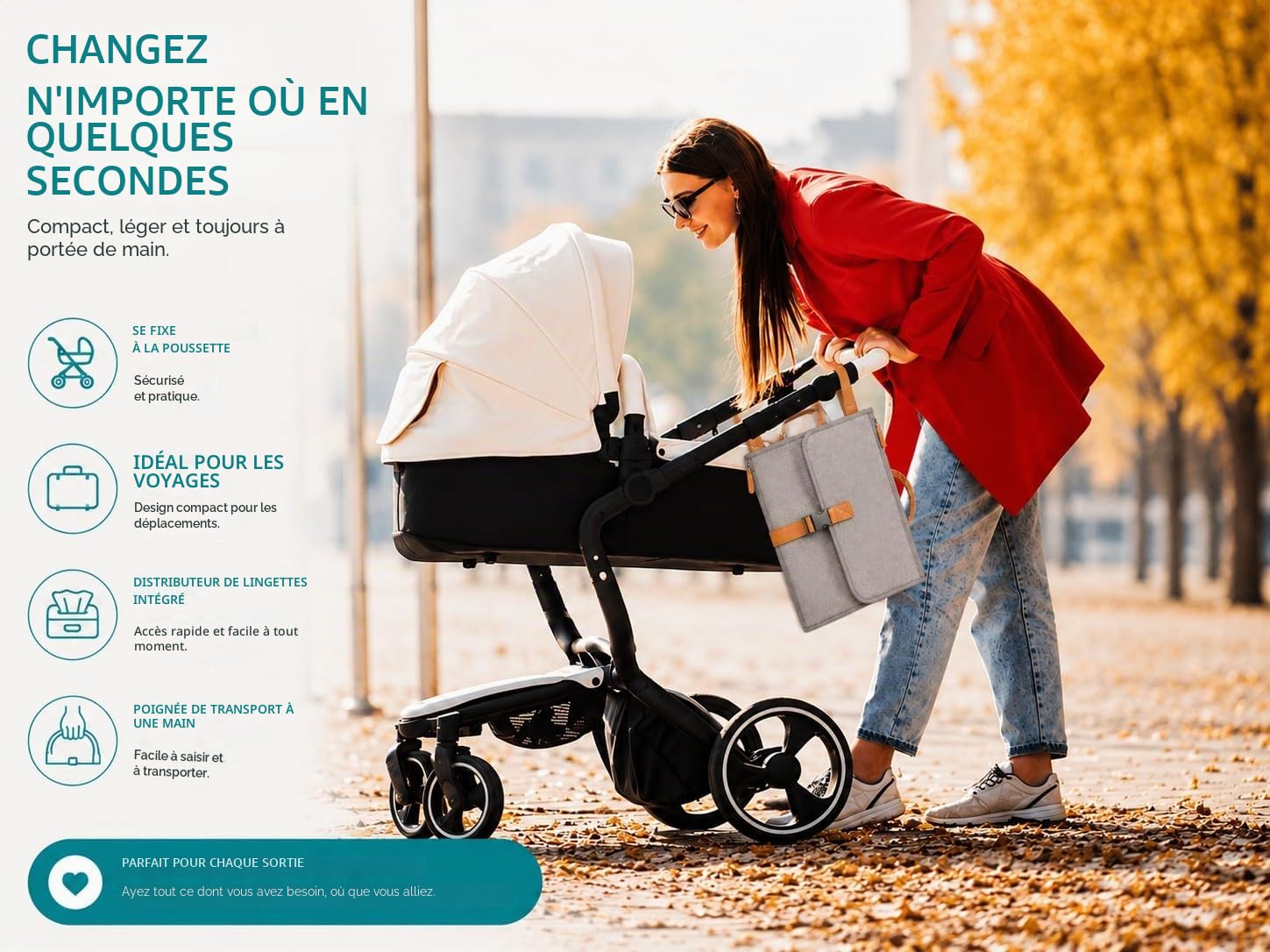 Sac à langer Baby Doyli Voyage XL | Matelas à langer pliable | Gris | 6 pockets for diapers, wipes, and keys with a harness to hang anywhere easily