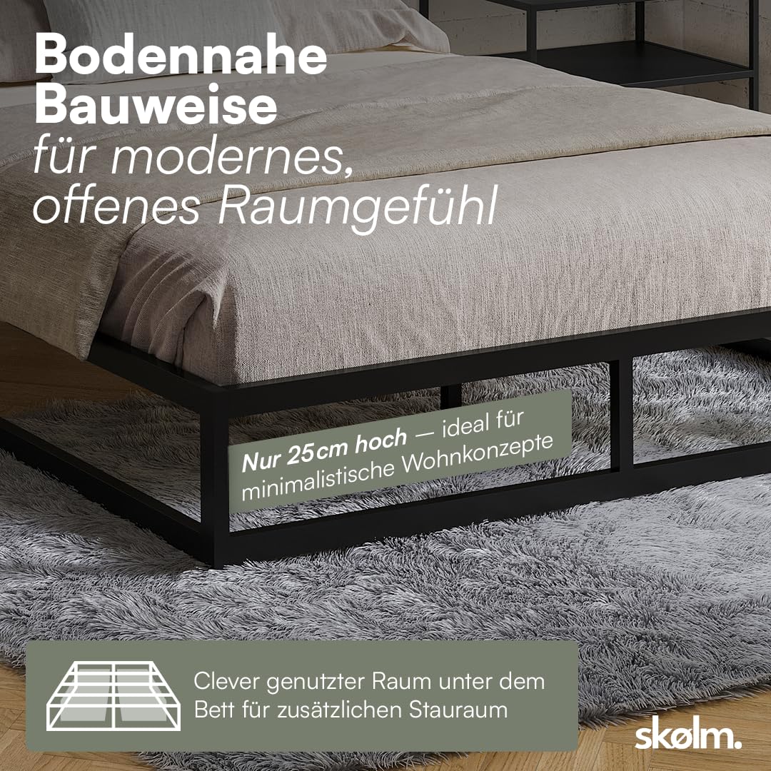 skølm Bragi Metallbett 140x200 cm – Bett aus Metall mit Lattenrost – stabiles Metall Bettgestell Schwarz – Bettrahmen geeignet als Doppelbett – Doppelbettgestell 25 cm hoch – Gästebett mit Stauraum