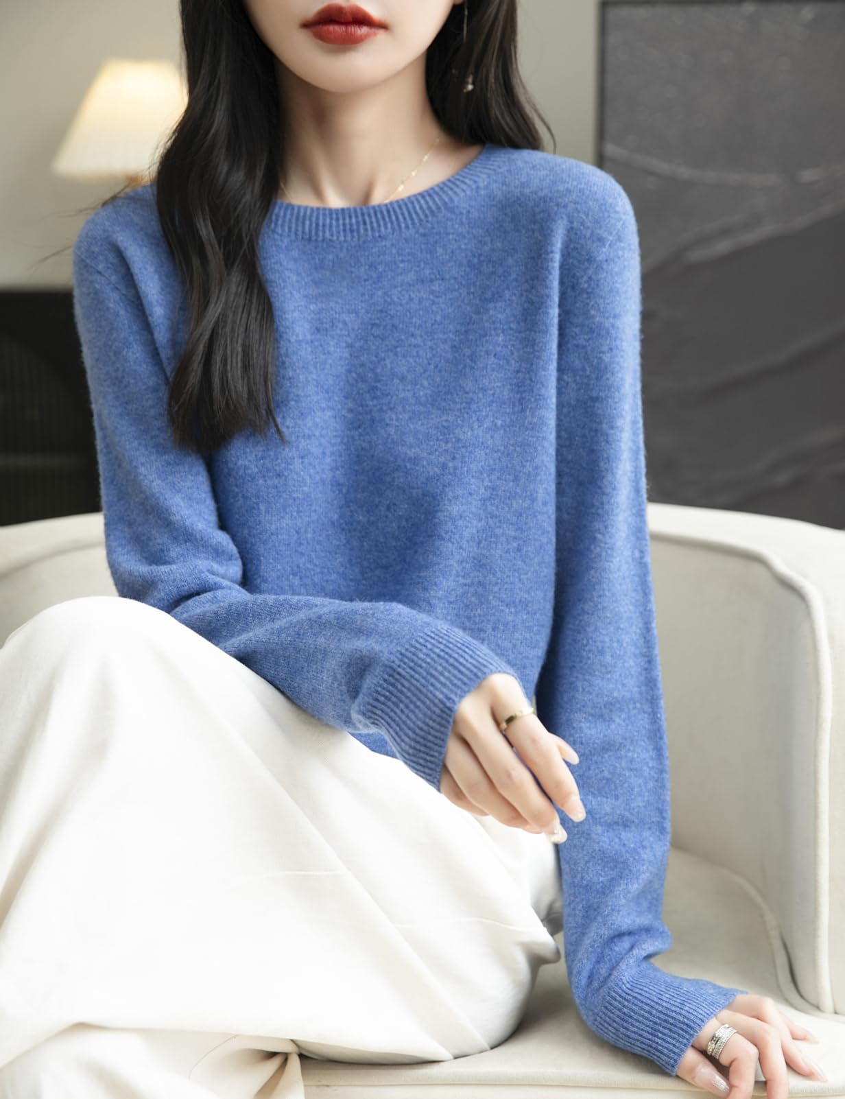 Chanyarn Damen 100% Merinowolle Pullover Rundhalsausschnitt First-Line Ready to Wear Langarm nahtlosem Strickpullover